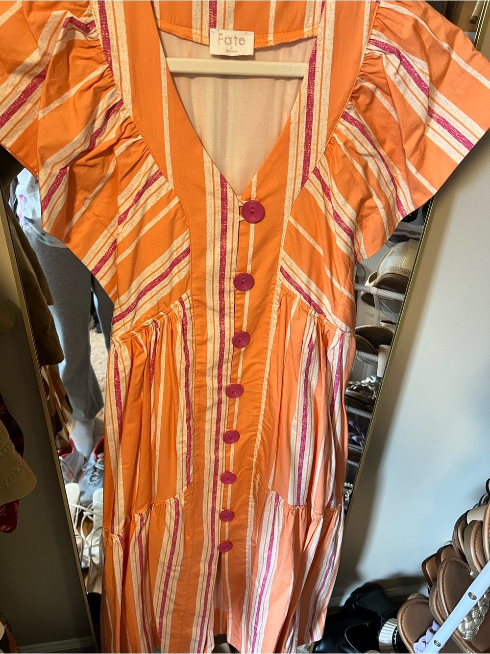 Fate Orange Striped Midi Dress with Pink Buttons
